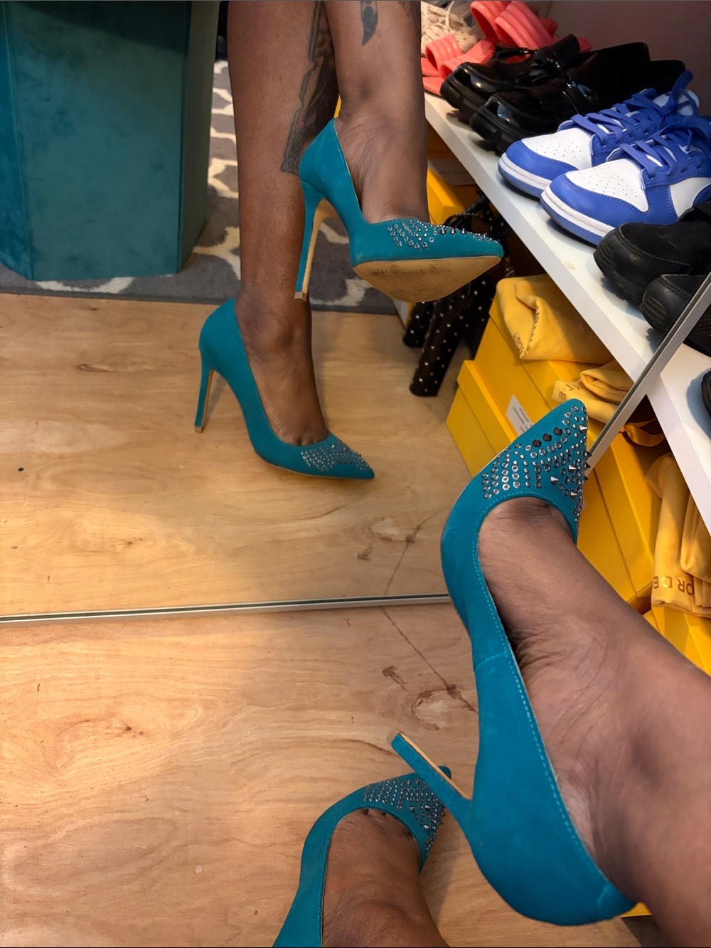 Shoemint Teal Pointed-Toe Crystal Stiletto Pumps